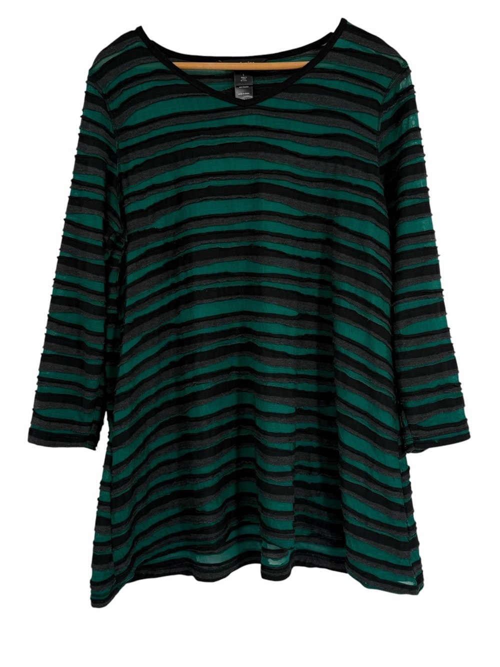 Ali Miles Top Womens Large Tunic Ruffle Textured Art to Wear Striped Green Black